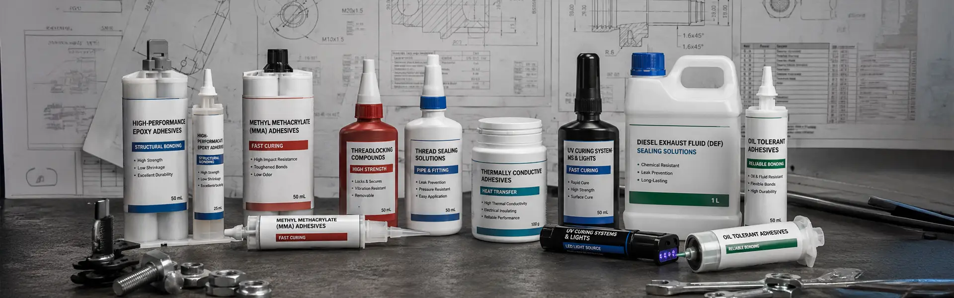 Industrial adhesive and sealant product packaging lineup with epoxy, MMA, threadlockers, sealants and UV curing products