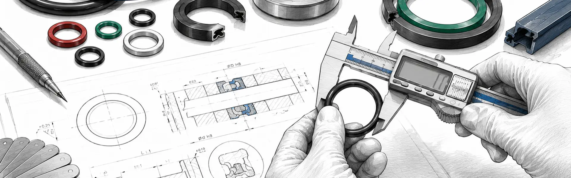 Engineer inspecting a custom O-ring with digital calipers over technical seal design drawings and precision sealing components